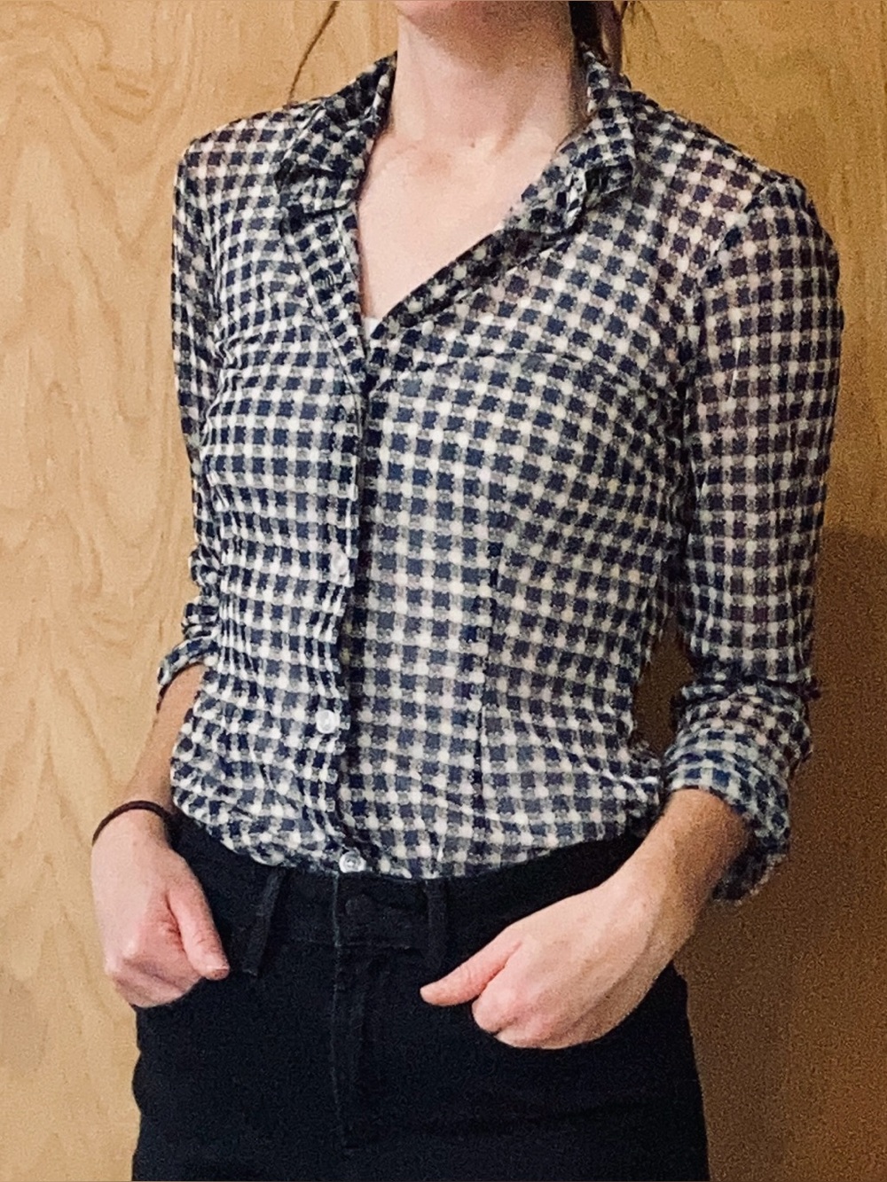CAbi Navy and White Gingham Button-Down Shirt